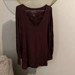 Purple long sleeve with cross cross neckline